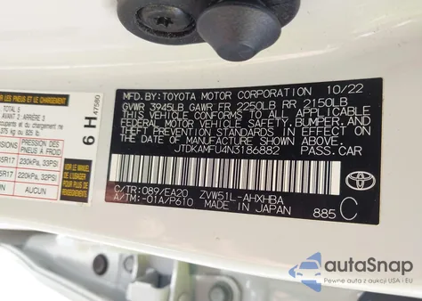 2022 Toyota Prius Xle z USA, uszkodzony, nr VIN JTDKAMFU4N3186882